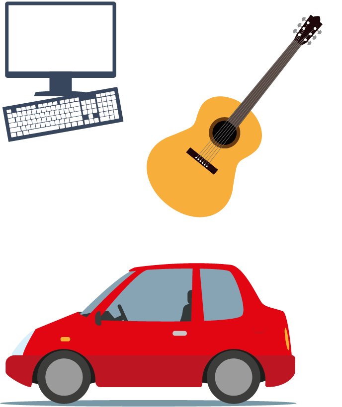 Computer, guitar, red car